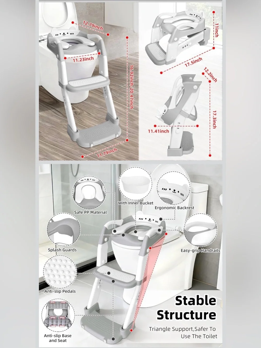 Gray & White 3-in-1 Toddler Potty Training Seat with Step Stool LadderNWT
